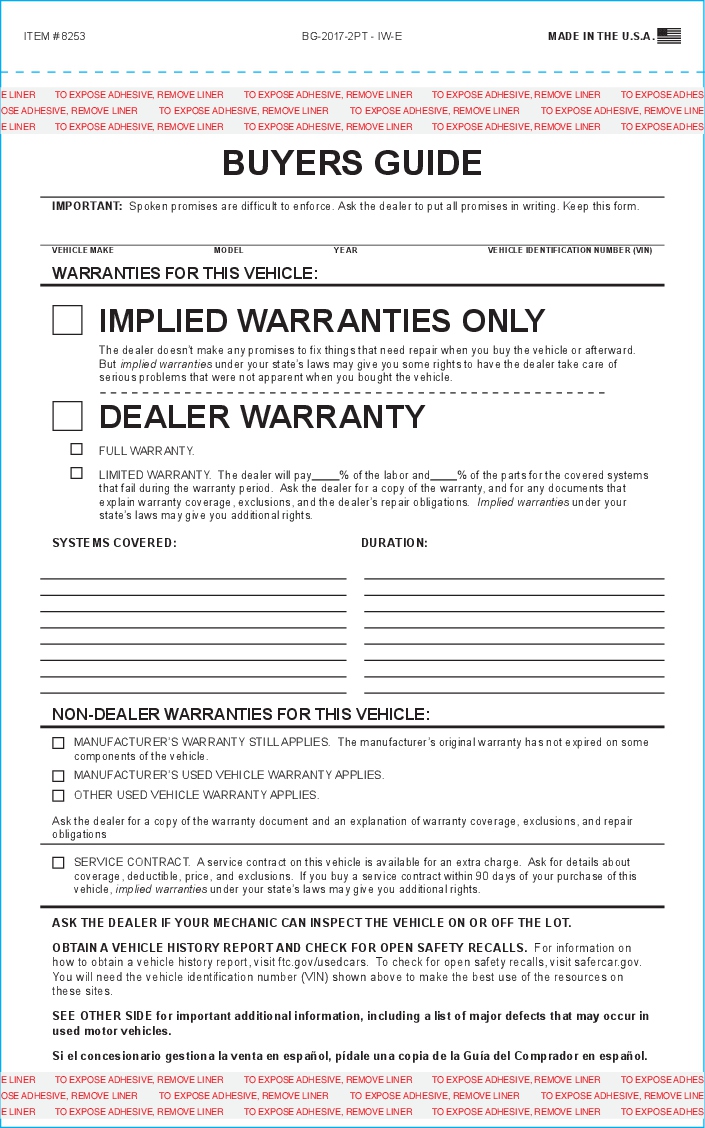 Buyers Guide Implied Warranty Form 8253 is